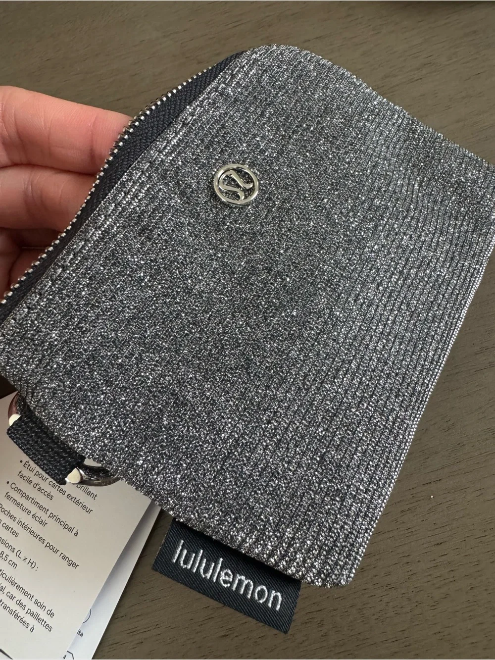 Lululemon Metallic Silver Glitter clippable card pouch